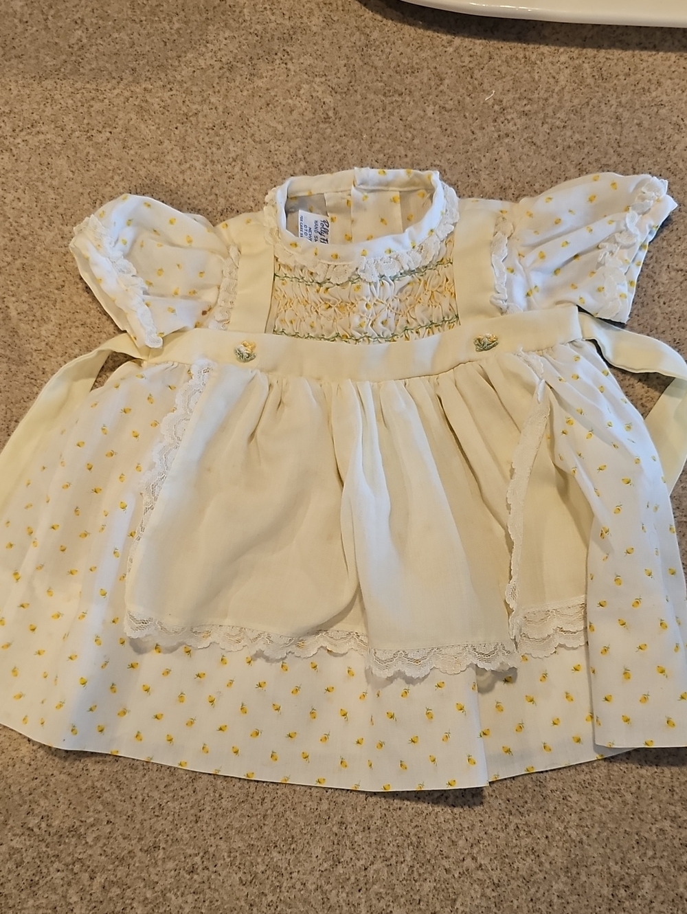 Sweet Yellow Floral Smocked New Born Or Doll Dress with Cream Apron